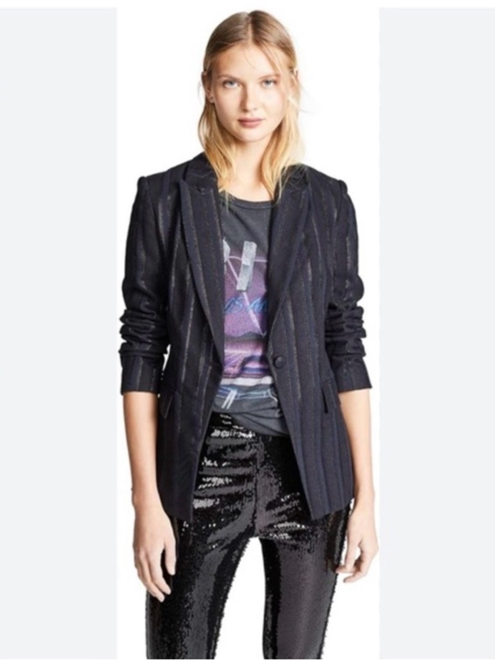 AG Adriano Goldschmied Black Navy Pinstripe Single-Button Blazer